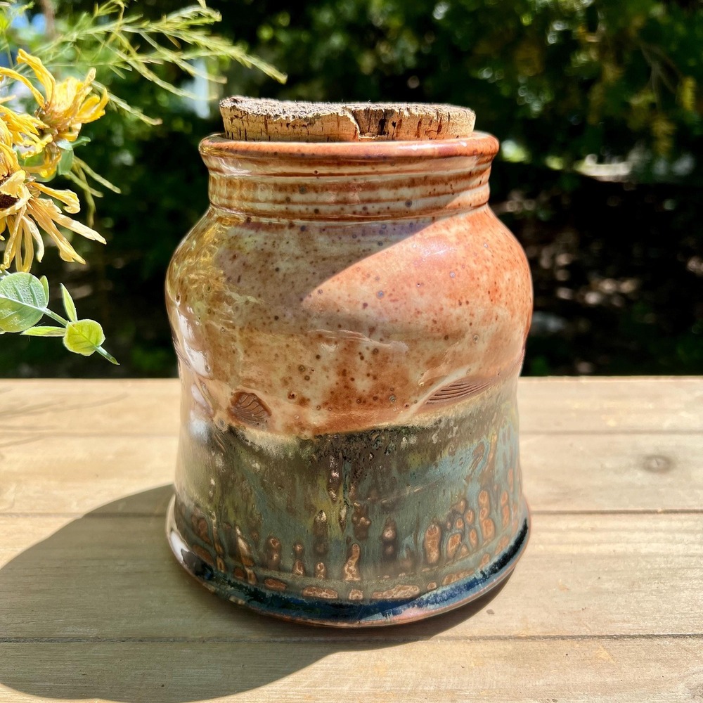 Vintage Tan & Blue Handmade Pottery Container | Vase w/ Cork Lid